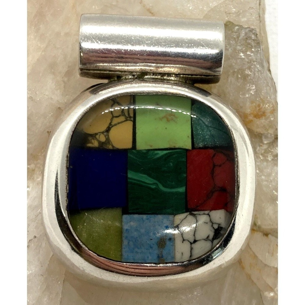 Vintage Mexico Mosaic Resin‎ & Stone Square Pendant Sterling 925 Silver 16.7g